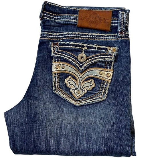 Trademark Denim - TRADEMARK H Bootcut Jeans Pocket Flaps Blue Embellishments Size 9/10